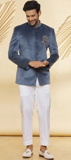 Black and Grey color Jodhpuri Suit in Velvet fabric with Patch work : 1855569 Velvet Outfit Men, Cotton Bandhgala With Dabka In Traditional Drape, Cotton Nehru Jacket For Wedding With Traditional Drape, Wedding Nehru Jacket With Traditional Drape, Ceremonial Cotton Bandhgala With Resham Embroidery, Ceremonial Bandhgala With Resham Embroidery, Cotton Unstitched Suit With Cutdana And Long Sleeves, Blue Cotton Unstitched Formal Suit, Unstitched Cotton Suit With Cutdana Details