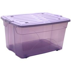 a purple plastic storage box with wheels on the bottom and lid is shown against a white background