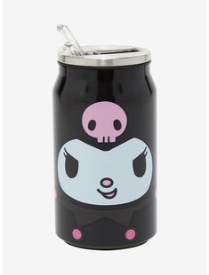 a black can with a pink skull on it