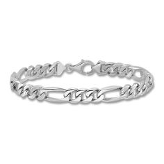 Versatile and stylish, bold solid figaro links join together to form this handsome 7.0mm men's bracelet. Crafted in 14K white gold, the 8-inch curb chain secures in place with a lobster clasp. Classic Figaro Chain Bracelets, Modern Figaro Chain Bracelets, Modern Figaro Chain Bracelet, Modern Bracelets With Rectangular Figaro Chain Links, Classic Silver Figaro Chain Bracelet, Modern Silver Bracelet With Figaro Chain, Modern Link Bracelets With Figaro Chain, Modern Formal Bracelets With Figaro Chain, Modern Formal Figaro Chain Bracelets