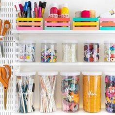 the shelves are filled with craft supplies and other things to use for crafts, such as pencils