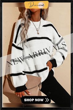 Round Neck Retro Loose Striped Pullover Knitted Sweater White Ribbed Acrylic Sweater, Striped Long Sleeve Knit Sweater, Striped Knit Long Sleeve Sweater, Striped Long Sleeve Knit Top For Fall, Striped Long Sleeve Acrylic Sweater, Striped Knitted Crew Neck Sweater, Striped Acrylic Sweater For Fall, Striped Chunky Knit Crew Neck Sweater, Striped Chunky Knit Sweater