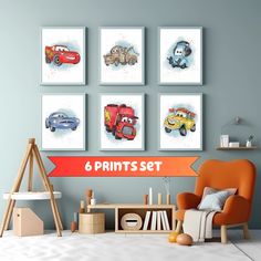 a child's room with cars and trucks on the wall, including an orange chair