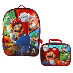 two children's backpacks and lunch box with mario bros characters on them, one is