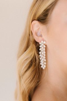 Emery - Untamed Petals Pearl Embellished Bridal Earrings For Anniversary, Pear Shaped Pearl Chain Earrings, Pear-shaped Bridal Earrings For Parties, Bridal Pearl Chain Drop Earrings, Pearl Embellished Bridal Earrings As Gift, Jeanette Madsen, Untamed Petals, Bridal Statement Earrings, Pearl Statement Earrings