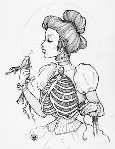 a black and white drawing of a woman with a bird in her hand, wearing a skeleton