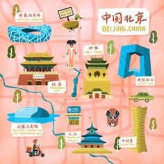 an illustrated map shows the locations of various tourist attractions in china, including pagodas and buildings