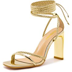 Gold Strapped Heels, Party Lace-up Sandals With 4-inch Heel, Chic Open Toe Lace-up Sandals For Party, Party High Heel Lace-up Sandals With Heel Strap, Gold Lace-up Sandals With Wrapped Heel For Evening, Party Lace-up Sandals With Heel Strap, Glamorous Lace-up Heels With Heel Strap, Ankle Strap Heels With Padded Heel For Party Season, Party Season Heels With Padded Heel And Ankle Strap