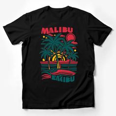 Malibu Beach Sunset Palm Trees Graphic T-Shirt, Vintage Summer Surf Tee, Unisex Male T-Shirt Custom graphic T-Shirt.Customize your color Crew Neck Graphic Print Shirt For Vacation, Crew Neck Shirt With Graphic Print For Vacation, Black Graphic Tee For Vacation, Beach Graphic Tee With Graphic Design, Vacation Graphic Tee With Sublimation Print, Casual Beach T-shirt With Graphic Design, Beach Crew Neck T-shirt With Graphic Design, Graphic Design Short Sleeve T-shirt For Beach, Beach T-shirt With Front Print And Crew Neck