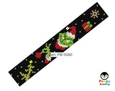 an image of a cross stitch bracelet with the grin face and santa hat on it