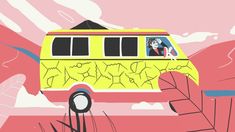 an illustration of a yellow bus driving through the desert with mountains and trees in the background