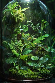 a glass dome filled with plants and greenery