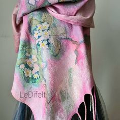 Pink Shawl Scarves For Spring, Pink Shawl Scarf For Spring, Handmade Pink Shawl For Spring, Pink Hand-dyed Scarf, Handmade Pink Shawl As Gift, Pink Scarf For Spring Gift, Pink Artistic Scarf For Spring, Artistic Pink Scarves For Spring, Blossom Scarf