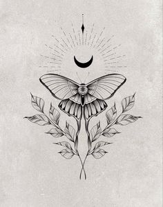 a moth sitting on top of a plant next to a crescent and star tattoo design