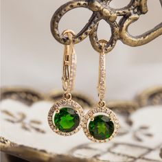 Beautiful 14k Gold Diamond Green Earrings. Purchased New In 2020 For A Wedding. Worn Only A Few Times. Original Packaging And Box Included. Elegant Green Jewelry With Halo Design, Elegant Green Jewelry With Halo, Elegant Green Halo Jewelry, Gold Jewelry With Halo Design For May Birthstone, Gold Halo Design Jewelry For May Birthstone, Elegant Green Diamond Earrings In 14k Gold, Fine Jewelry Green Halo Earrings, Elegant Emerald Jewelry With Halo Detail, Halo Green Fine Jewelry Earrings