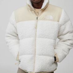 White And Beige Jacket, Hardly Worn. (Stock Photos Were Used) White Hooded Outerwear With Fleece Lining, White Fleece-lined Outerwear For Streetwear, White Winter Outerwear With Fleece Lining, Winter White Outerwear With Fleece Lining, White Puffer Jacket With Fleece Lining For Winter, White Hooded Outerwear For Snow, White Puffer Jacket With Fleece Lining, White Puffer Jacket For Winter Streetwear, Casual White Puffer Jacket For Outdoor Activities