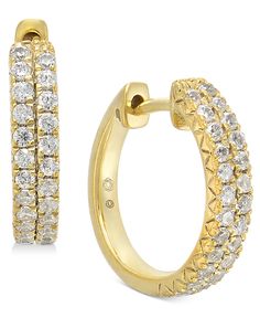 Double rows of diamonds create spectacular shine on these elegant small hoop earrings. Timeless Gold Huggie Earrings With Brilliant Cut, Timeless Gold Huggie Earrings With Prong Setting, Luxury Yellow Gold Diamond Earrings With Vvs Clarity, Macy's Gold Diamond Earrings For Anniversary, Luxury Vvs Clarity Yellow Gold Diamond Earrings, Small Hoop Diamond Earrings In Yellow Gold, Yellow Gold Vvs Clarity Hoop Jewelry, Timeless Gold Round Cut Huggie Earrings, Small Gold Hoop Earrings With Single Cut Diamonds