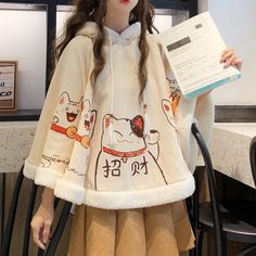 Winter Cloak, Batwing Sleeve Top, Kawaii Harajuku, High Road, Cat Hoodie, Loose Pullover, Hoodie Coat, Lucky Cat, Harajuku Fashion