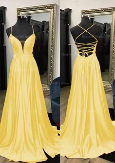 A Line V Neck Spaghetti Straps Sweep Train Charmeuse Prom Dress With Split Yellow A-line Prom Dress, V-neck Prom Dress With Delicate Straps, Prom Dress With Delicate Straps And V-neck, Delicate Straps V-neck Prom Dress, Formal V-neck Dress With Straps, V-neck Dress With Adjustable Straps For Prom, Formal V-neck Dress With Adjustable Straps, Fitted Yellow Dress With Straps, Yellow V-neck Slip Dress