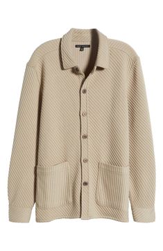 Soft and flexible knit fabric makes for cozy layering in this versatile overshirt that stands out with jacquard-striped texture. 29" length Front button closure Spread collar Button cuffs Front patch pockets 85% polyester, 12% rayon, 3% elastane Dry clean Imported Beige Jacquard Knit Casual Outerwear, Casual Beige Jacquard Knit Outerwear, Beige Jacquard Knit Long Sleeve Outerwear, Textured Long Sleeve Outerwear For Fall, Classic Jacquard Knit Outerwear For Work, Classic Jacquard Knit Workwear Outerwear, Textured Knit Long Sleeve Outerwear With Relaxed Fit, Classic Jacquard Knit Outerwear For Fall, Casual Jacquard Knit Outerwear For Work