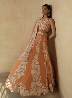 Mishru-Tangerine Dahlia Lehenga-INDIASPOPUP.COM Bridal Lehenga Designs, Raw Silk Lehenga, Organza Lehenga, Indian Outfits Lehenga, Gaun Fashion, Indian Look, Indian Dresses Traditional, Embroidered Lehenga, Designer Lehenga