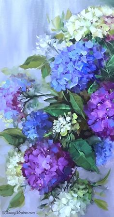 an oil painting of purple and blue flowers