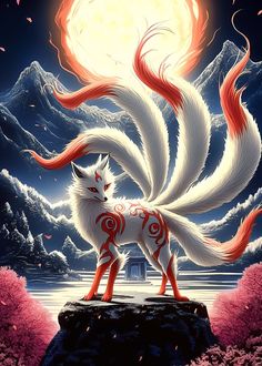 a white and red fox standing on top of a rock under a moon filled sky