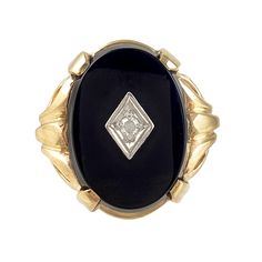 Timeless elegance! This 10K yellow gold ring features a black onyx oval with center diamond in a white gold diamond shape. The four prong setting has a decorative interlaced ribbon design leading to a straight shank. It's a beautiful vintage piece in wonderful condition. Vintage: 1960s Size: 6 3/4 Materials: 10K Yellow and White Gold, Black Onyx, Diamond Marked: 10K Black Onyx: approx. 15.75mm x 12mm oval Diamond: round single cut, 2mm, approx. .03 ct, I-1 clarity Width North to South: 11/16" Wi Elegant Black Diamond Ring In 14k Gold, Heirloom Oval Cabochon Diamond Ring For Formal Occasions, Heirloom Oval Diamond Ring For Formal Occasions, Formal Heirloom Oval Cabochon Diamond Ring, Elegant Gemstone Signet Ring For Formal Occasions, Elegant Black Oval Ring, Elegant Oval Signet Ring With Center Stone, Formal Black Oval Cabochon Signet Ring, Classic Black Oval Cabochon Ring