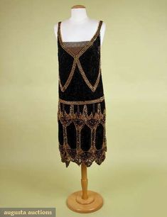 Black & Gold Beaded Flapper Dress, C. 1926. Two layers of silk over tulle and lace, triple tiered skirt hem and attached belt. 1900 Dress, Beaded Flapper Dress, Black Silk Dress, Silver Glass, Antique Textiles, Bugle Beads