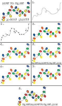 four different ways to draw christmas lights with numbers and dots on the same page,