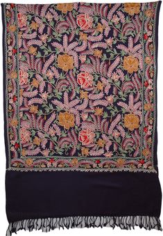 Black Shawl with Colored Flowers and Red and Green Ferns Embroidery. A black shawl in wool with beautiful multi-colored floral print with corresponding multi color embroidery done well. This beautiful woolen Shawl is ideal for as a warm cover wear, for social or casual occasions. Wear with slacks or even a simple stylish skirt or dress. Length: 76" Width: 29"; Material: 100% Wool (embroidery is not woolen) Traditional Blue Shawl For Fall, Blue Embroidered Pashmina Shawl, Traditional Multicolor Floral Print Shawl, Ferns Embroidery, Navy Blue Shawl, Poncho Scarf, Blue Shawl, Black Shawl, Color Embroidery