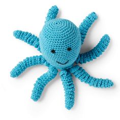 a blue crocheted octopus stuffed animal on a white background