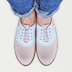 Leather; upper & lining Man-made sole 2.5 cm / 1.0" heel height Handcrafted in Europe Materials: The classic saddle shoe is re-invented in gentle summer colours of pastel rose and white. These icon lace-ups will surely be a finishing touch to any summer wardrobe. Leathers: Pastel Rose Soft, White Soft Laces: White & Pink (bonus) Eyelets: White Decorations: Brogues Sole: Beige #1685 CUSTOMIZEBANNER2197325185_ Pink Saddle, Saddle Shoe, Rose Soft, Summer Colours, Saddle Shoes, Custom Made Shoes, Pastel Roses, Shoes Handmade, Handmade Shoes