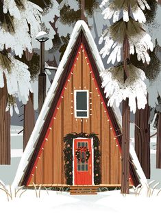 a christmas card with a cabin in the woods