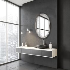 a bathroom with a large window and a sink in front of a wall mounted mirror