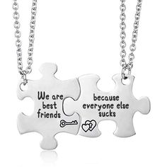 PRICES MAY VARY. 💖Puzzle Piece Matching Necklaces Set of 2 - Best Friends Necklace - Friends Puzzle Set, Make your best friend feel special with our cute and charming BFF necklace. Share your stories and the hearts of the necklace to remind each other of your special bond. 💖The necklaces engraved with the words “We are Best Friend Because everyone Else ...“ .it is best gift for friends . 💖All pendants and chains are made of stainless steel (not tarnish, not rust, and not change color.); the c Puzzle Piece Necklace, Friend Anniversary, Bff Jewelry, Necklaces Set, Miles Apart, We Are Best Friends, Friendship Necklace, Bff Necklaces, Friend Jewelry