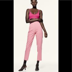 Zara High-Waisted Pants Beautiful Pink Color Chic Fitted Ankle-length Pantsuit, Summer Tapered Leg Elastane Pants, Summer Stretch Tapered Leg Pants, Fitted Elastane Dress Pants For Summer, Chic Elastane Pants For Summer, Summer Ankle-length Elastane Dress Pants, Fitted Elastane Summer Pants, Ankle-length Elastane Dress Pants For Summer, Tailored Elastane Pants For Summer