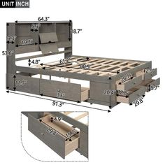 the bed frame is made up and has drawers on each side, along with an extra storage drawer underneath it