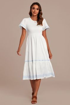 White Embroidery Short Ruffle Sleeve Round Neck Smocked Midi Dress Style Midi Dress, Cute Modest Outfits, Family Picture, Cotton Midi Dress, Flounce Sleeve, Fashion Gallery, White Embroidery, Printed Midi Dress, Modest Outfits