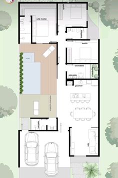 a floor plan for a house with two cars parked in the driveway