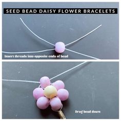 two pictures showing how to make bead daisy flower bracelets