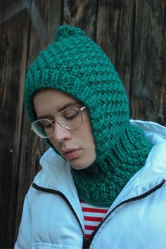 Casual Knitted Full Face Bonnet, Green Balaclava For Winter Cold Weather, Green Winter Balaclava For Cold Weather, Green Balaclava For Cold Weather, Green Casual Balaclava For Winter, Casual Green Balaclava For Winter, Fitted Green Beanie For Winter, Fitted Green Winter Beanie, Green Winter Beanie