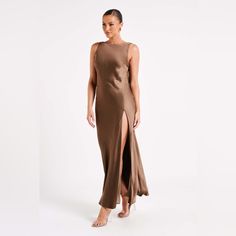 Never Worn! Brown Maxi Dress With Side Slits, Elegant Brown Slip Dress For Evening, Sleeveless Silk Dress With Side Slits, Formal Brown Satin Maxi Dress, Fitted Brown Slip Dress For Evening, Elegant Brown Maxi Dress For Night Out, Brown Fitted Slip Dress For Evening, Chic Brown Satin Maxi Dress, Elegant Brown Slip Dress For Party