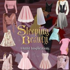 several different dresses and skirts are shown in this advertisement for sleeping beauty outfit inspirations