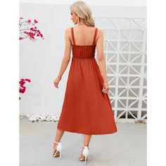 Step into summer with the WhizMax Women's Casual Spaghetti Strap Midi Sundress, a perfect blend of comfort and chic style. This dress is designed to flatter with its A-line silhouette and breezy, lightweight fabric that ensures you stay cool on warm days.

- Material: High-quality, breathable fabric
- Features: Adjustable spaghetti straps, button-down front, ruffled trim, pleated details
- Color: Vibrant Orange
- Size: Small
- Gender: Female
- Age Group: Adult

Ideal for both casual outings and Women Dresses Casual Summer, Ruffle Summer Dress, Midi Sundress, Summer Sundress, Beach Dresses Summer, Mini Sundress, Dress A Line, Dress Spaghetti, Mini Sweater Dress