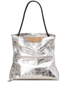 silver-tone calf leather metallic finish cracked effect single shoulder strap folded design magnetic fastening zip-fastening pocket main compartment Luxury Silver Shoulder Bag With Magnetic Closure, Silver Leather Shoulder Bag With Magnetic Closure, Silver Crossbody Shoulder Bag With Magnetic Closure, Modern Metallic Silver Shoulder Bag For Evening, Metallic Silver Leather Evening Bag, Metallic Leather Bag For Everyday Use, Metallic Leather Shoulder Bag For Evening, Modern Metallic Bags With Removable Pouch, Silver Shoulder Bag With Magnetic Closure