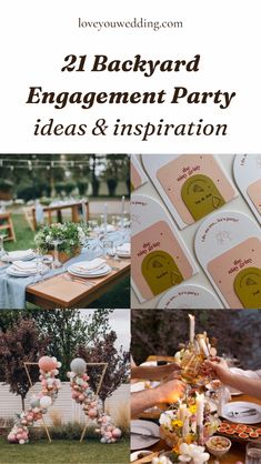 a collage of photos with the words 21 backyard engagement party ideas and inspiration