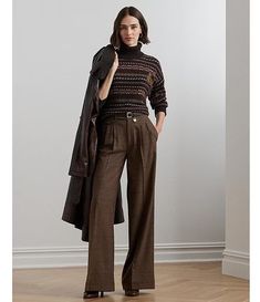 Lauren Ralph Lauren Wilva Wool Checked Pleated Coin Pocket Pants | Dillard's Brown Wool Pants Outfit, Wool Trousers Women Outfit, Ralph Lauren Outfits Women, Trousers Women Outfit, Wide Leg Trousers Outfit, Pant Top, Trouser Outfit, Ralph Lauren Style, Lauren Brown