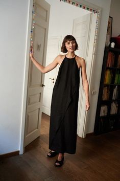 Mira Black Dress Spaghetti Strap Linen Dress Linen Dress - Etsy Black Dress Spaghetti Strap, Black Linen Dress, Halter Neck Maxi Dress, Long Linen Dress, Dress Linen, Dress Spaghetti, Halterneck Dress, Black Linen, Linen Dresses