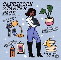 a woman standing in front of a potted plant and other items that include the words capricon starter pack